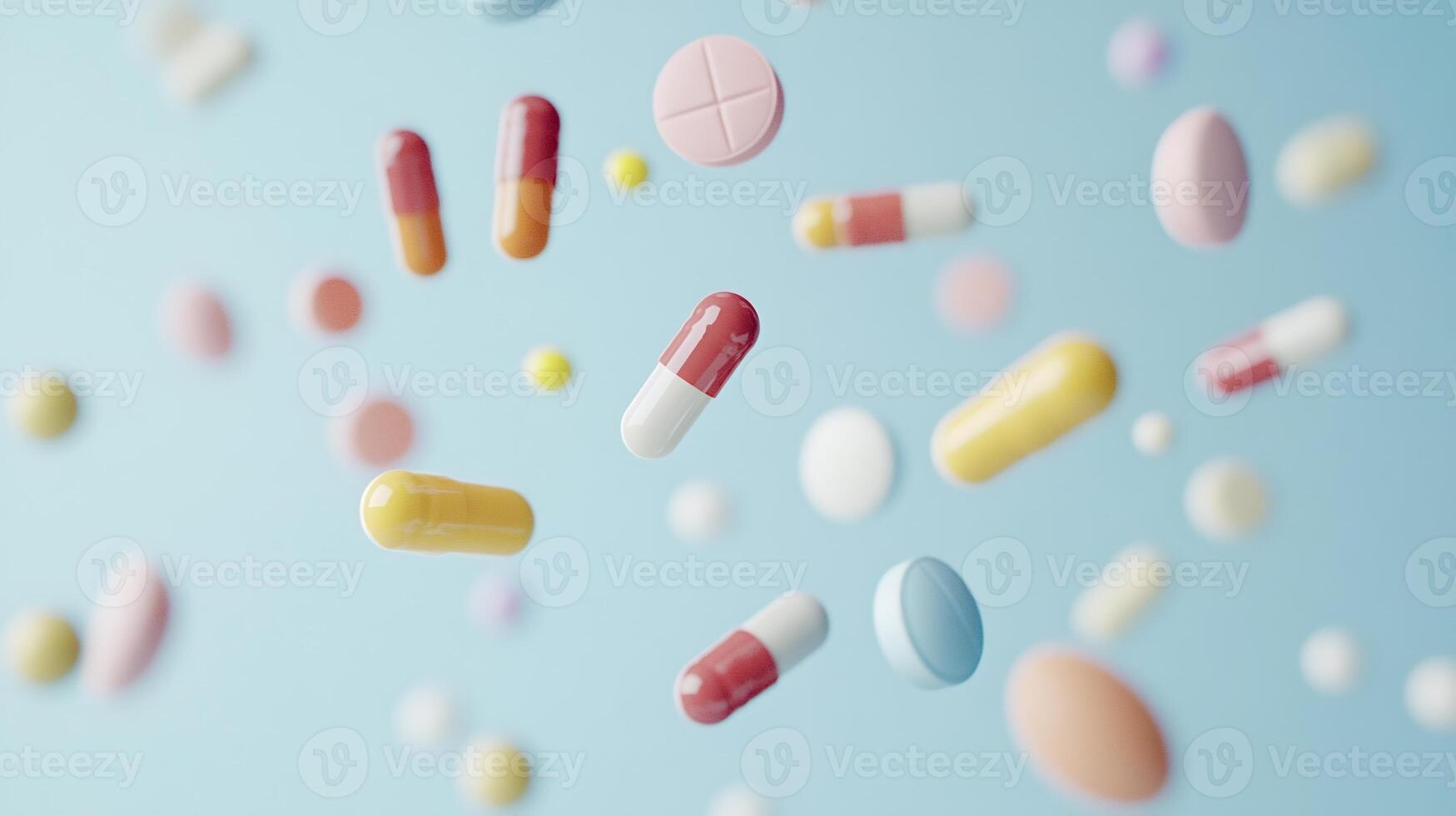 Many pharmaceutical pills and capsules of various shapes, sizes, and colors are falling against a light blue background, creating a dynamic and visually appealing arrangement photo
