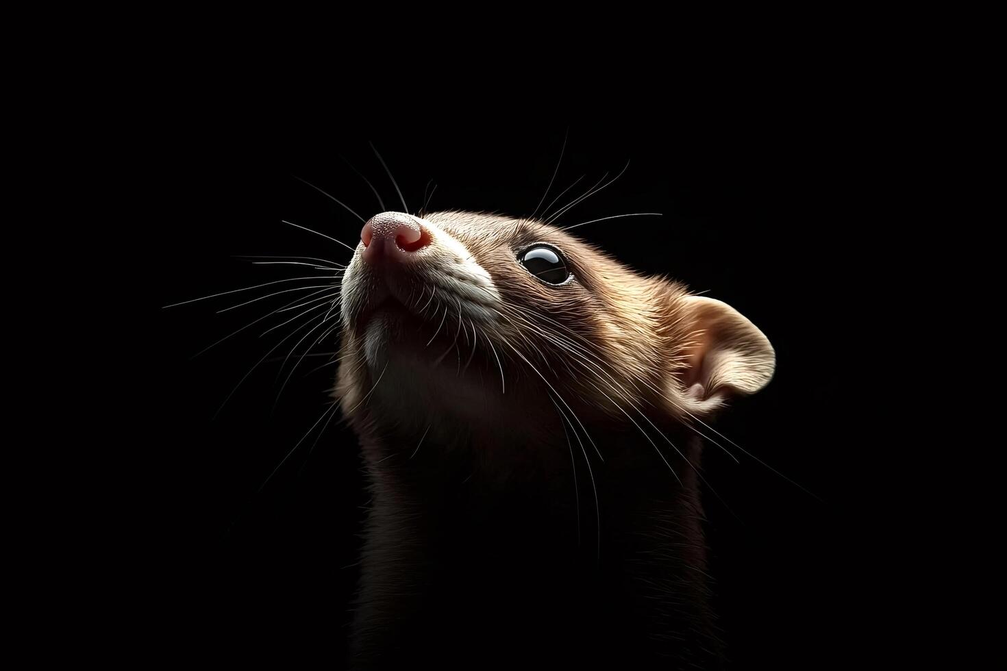 Ferret looking up in the dark with bright nose and whiskers photo