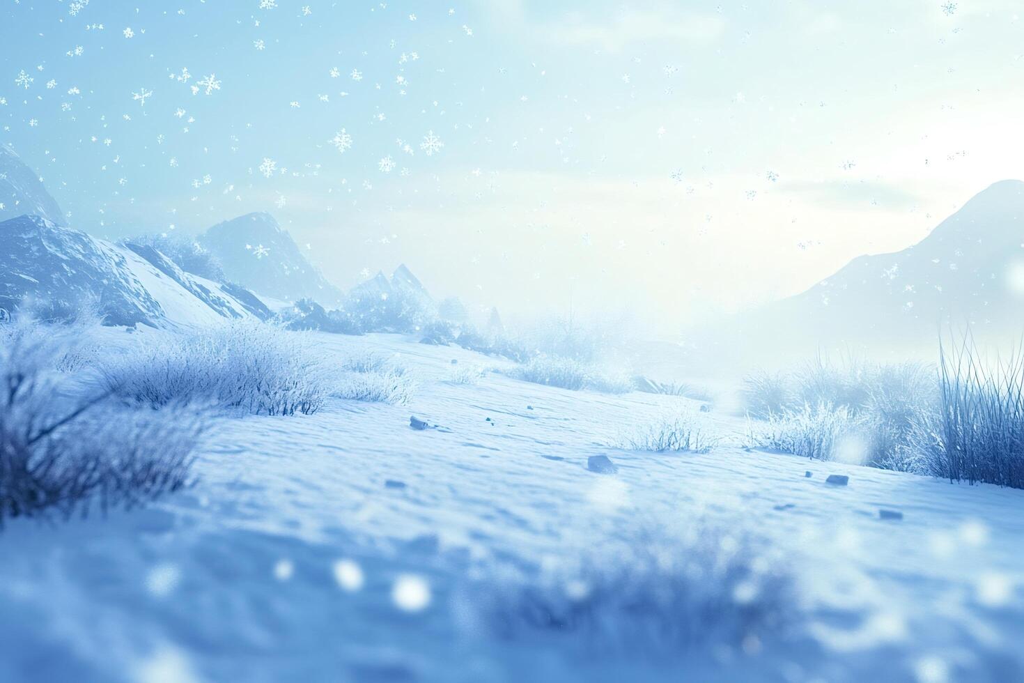 Snow falling on frozen winter landscape with mountains photo