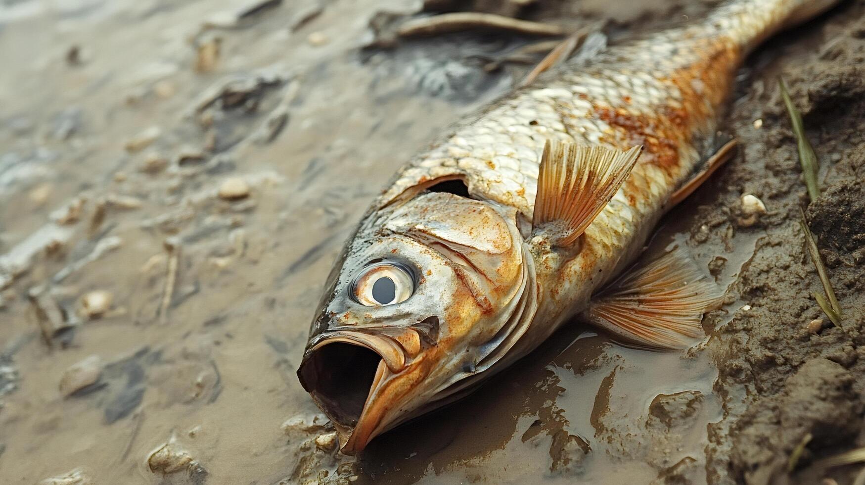 Dead fish lies on dried out riverbed exposing environmental damage photo