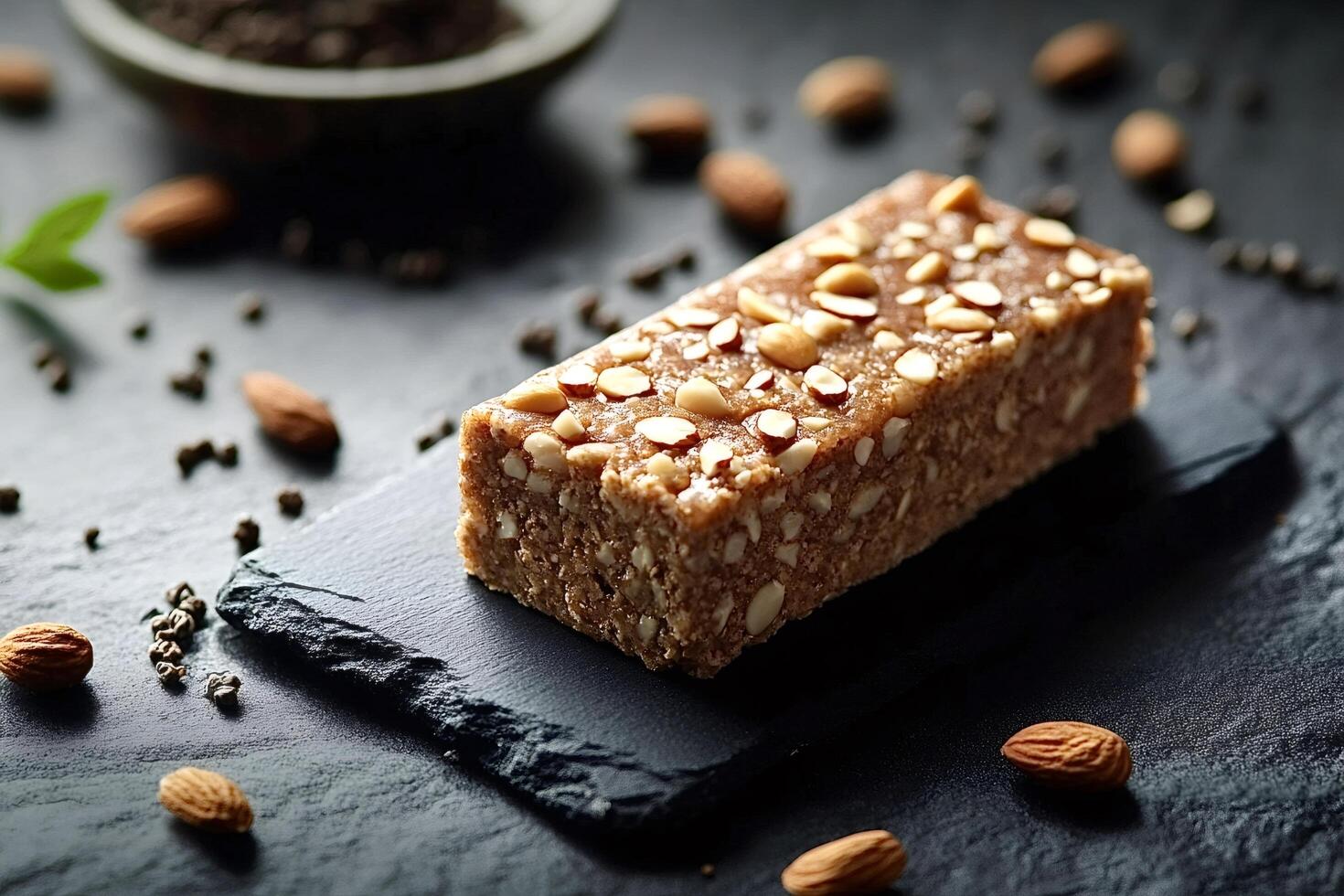 Protein bar with almonds and nuts resting on dark stone surface photo
