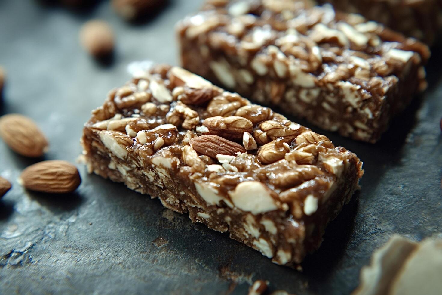Two puffed rice and almond protein bars resting on dark surface photo