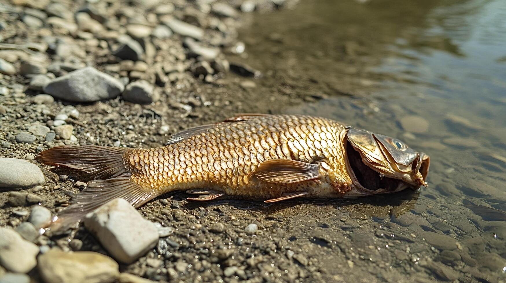 Dead fish lies on river bank showing environmental damage photo