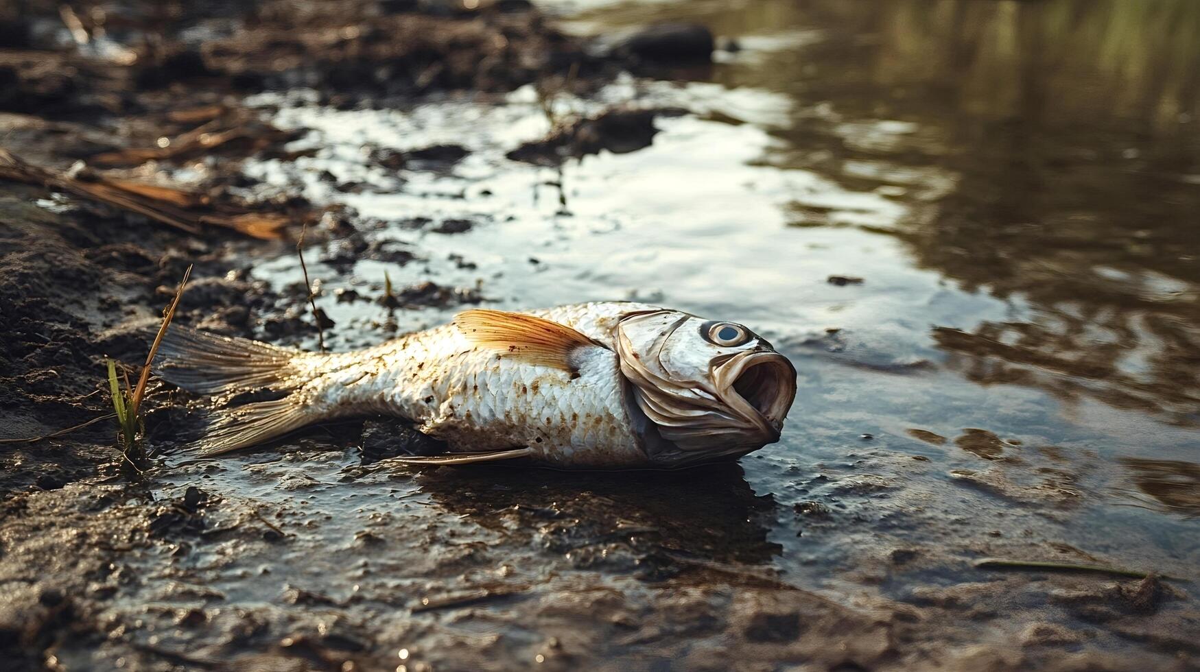 Dead fish lies on dried riverbed showing environmental damage photo