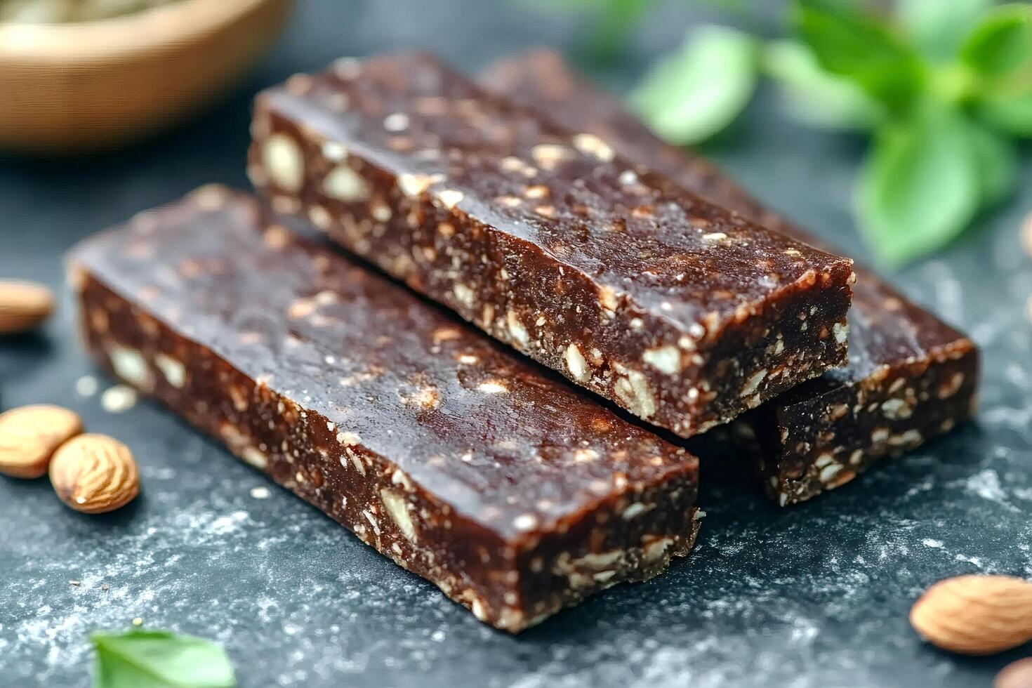 Healthy homemade raw protein bars with nuts and seeds displayed on dark surface photo