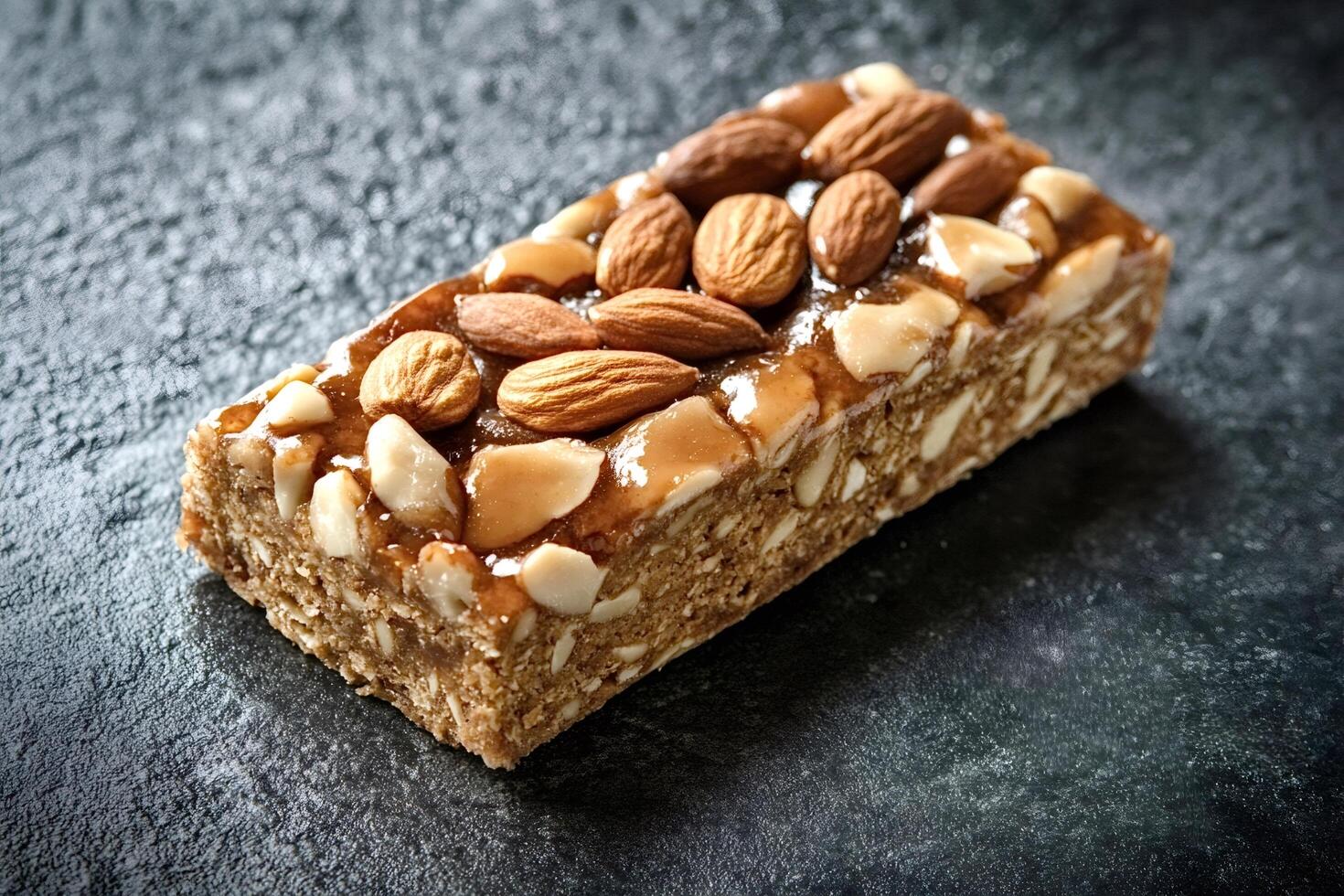 Protein bar with almonds and caramel resting on dark background photo