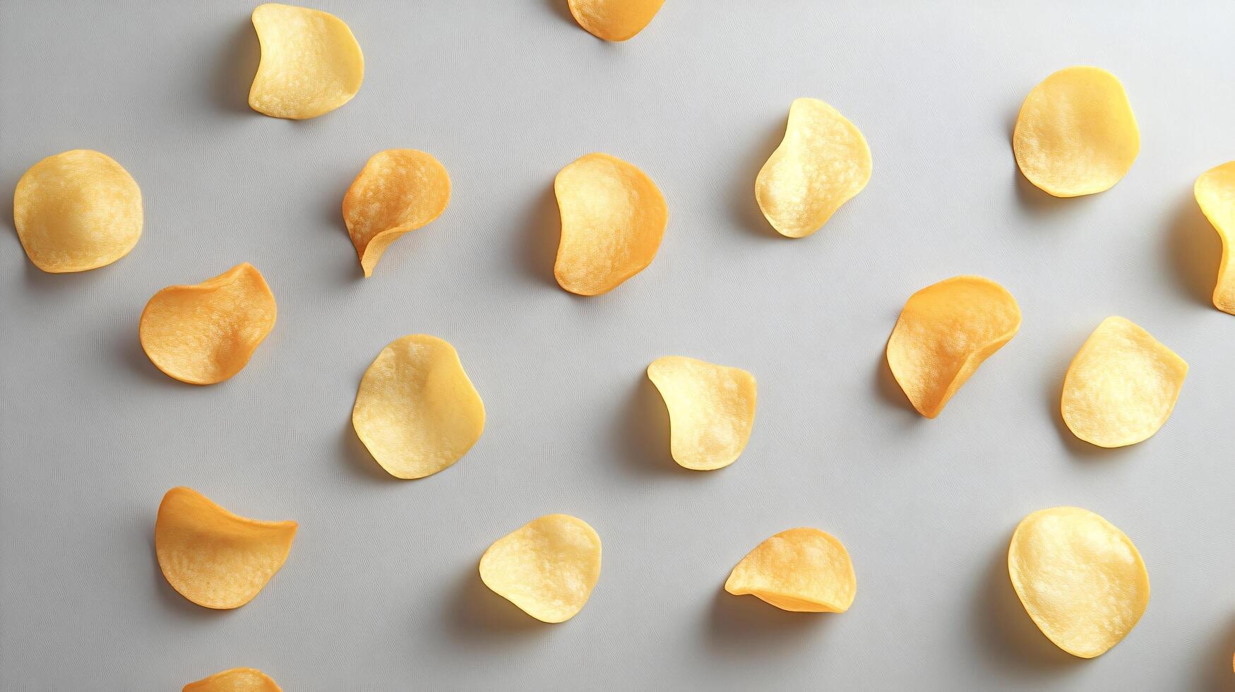 Potato chips scattered on a seamless gray background photo