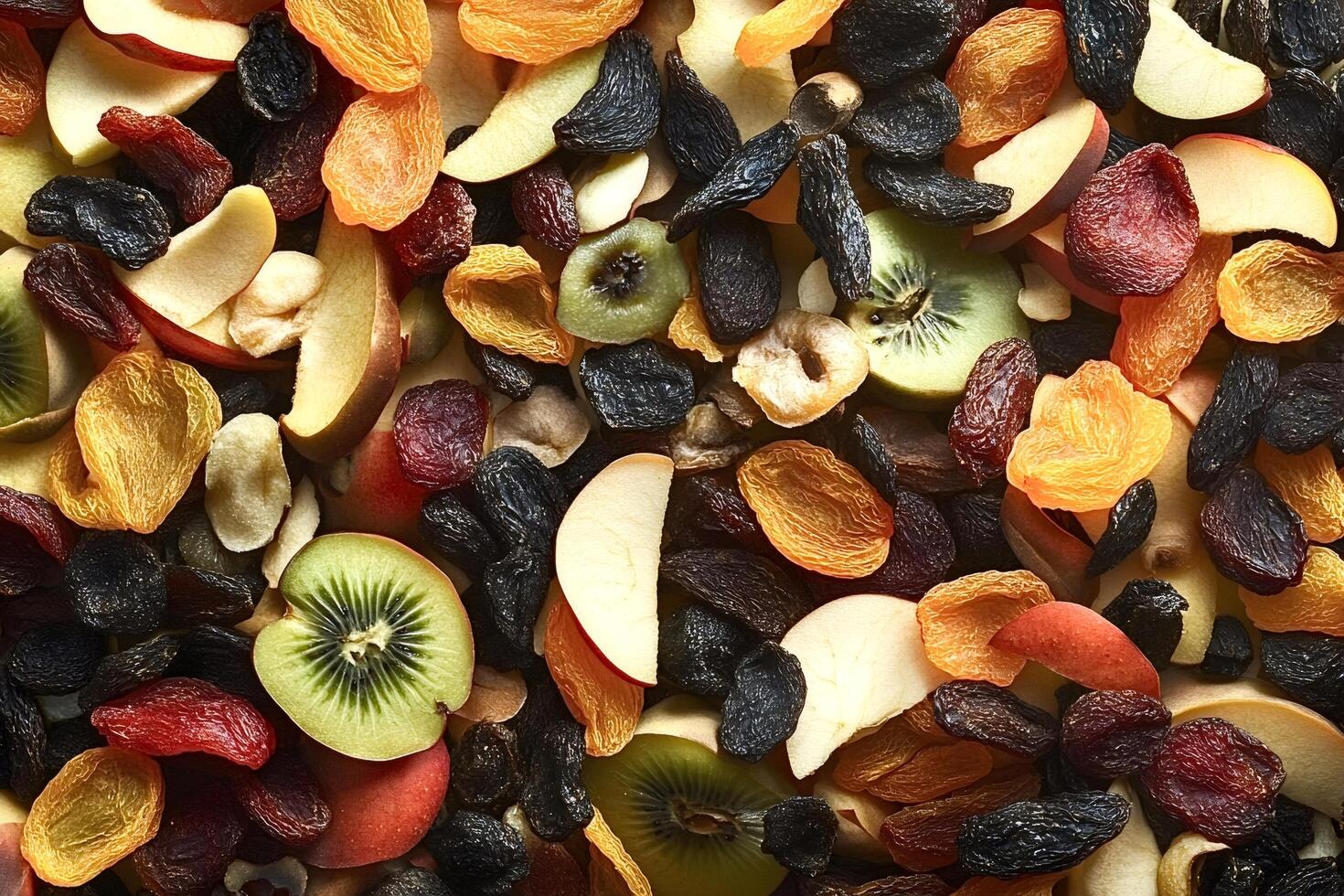 Colorful mix of dehydrated fruits creating a vibrant background photo