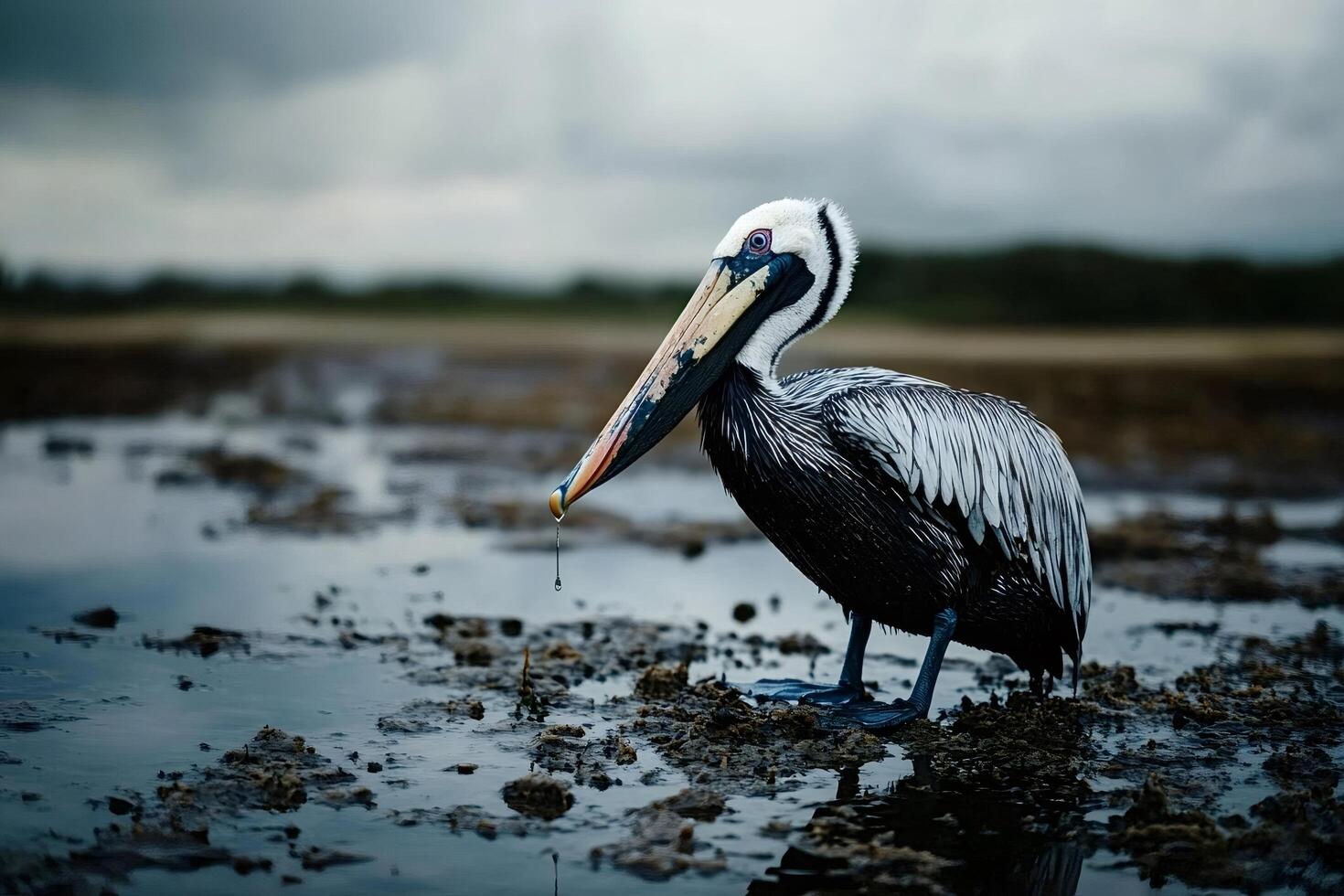 Brown pelican standing in shallow water holding fish in beak photo