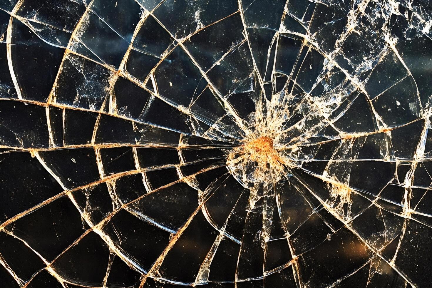 Broken glass showing cracks expanding from impact point photo