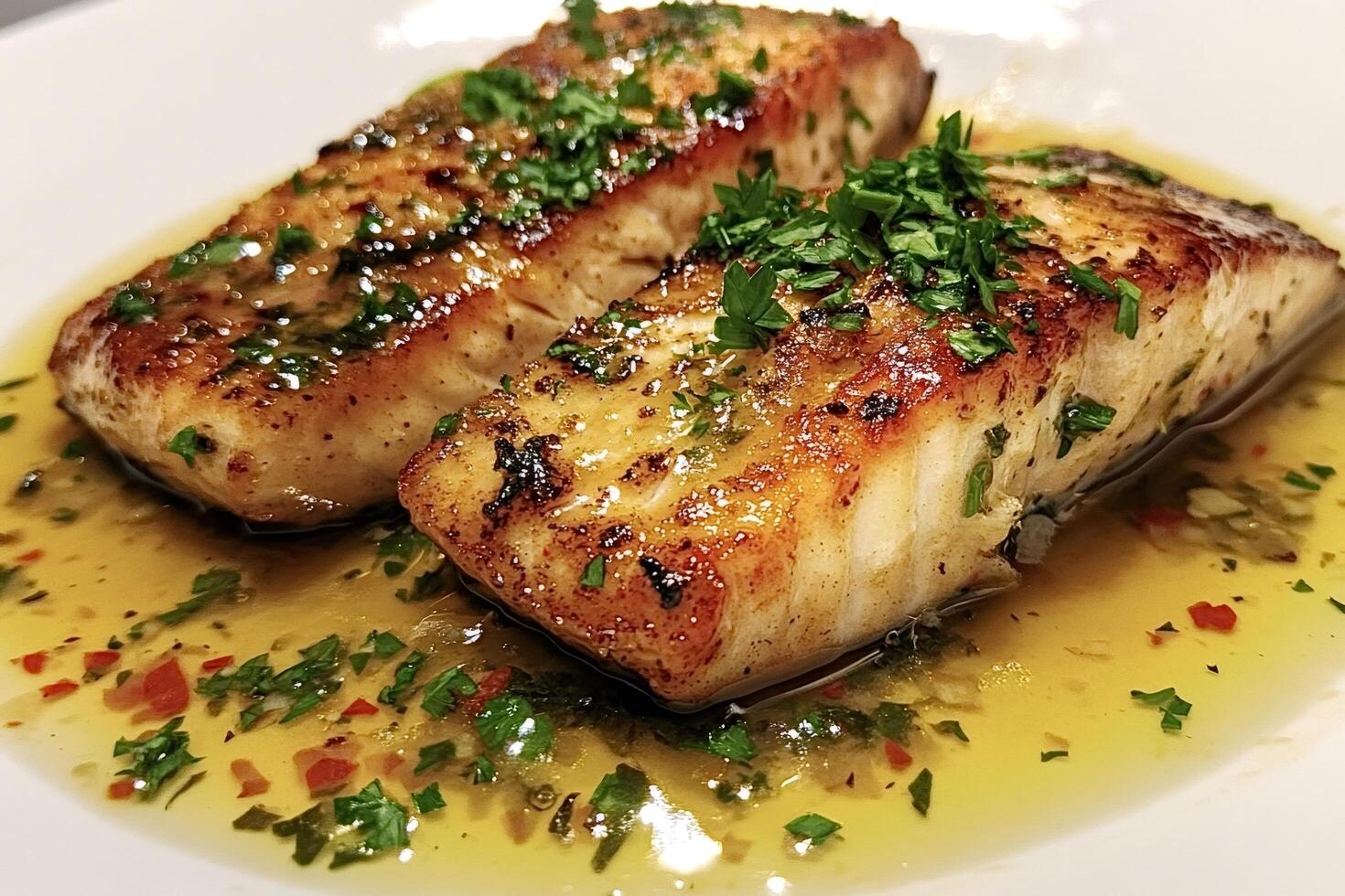 Delicious pan seared fish fillets with herbs and lemon butter sauce photo