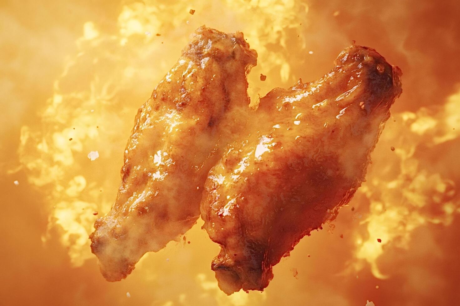Two spicy chicken wings surrounded by flames and smoke photo