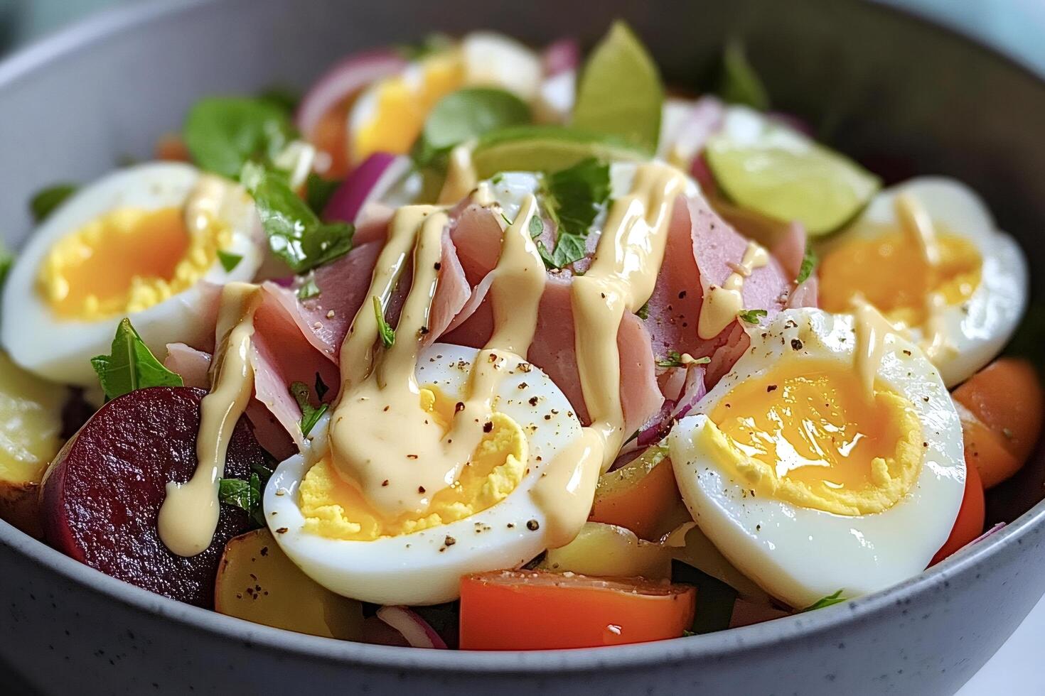 Delicious fresh salad with boiled eggs, ham, potatoes, and honey mustard dressing photo