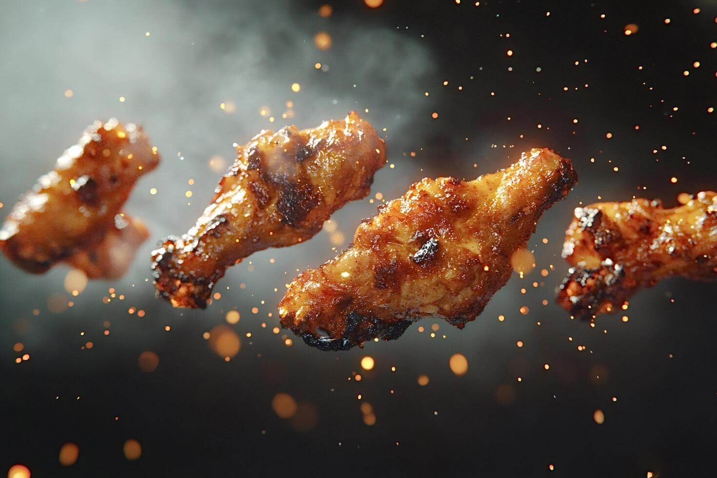 Hot chicken wings falling against dark background with sparks photo