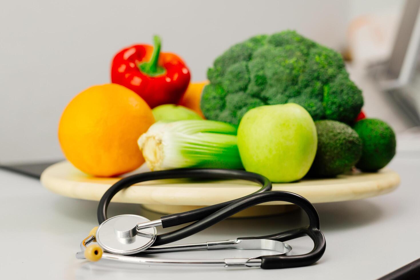 Close-up fruits and vegetables on a desk. Cholesterol diet and healthy food eating nutrition, World diabetes day concept and patient's blood sugar control. Advertising photo