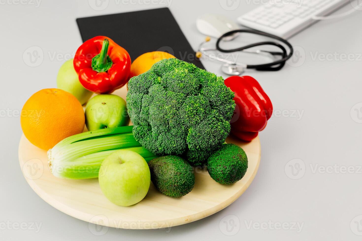 Close-up fruits and vegetables on a desk. Cholesterol diet and healthy food eating nutrition, World diabetes day concept and patient's blood sugar control. Top view photo