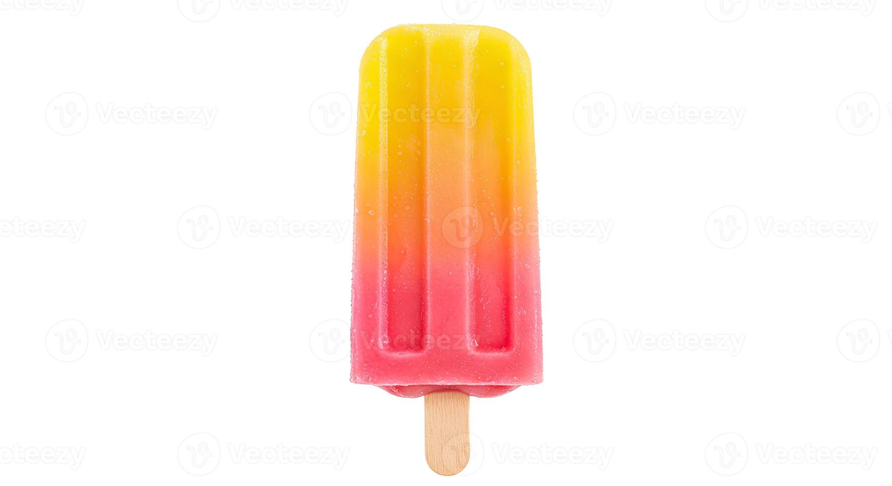 Frozen lemon treat with wooden stick on white background and shadow for summertime dessert and fruity snack ads photo