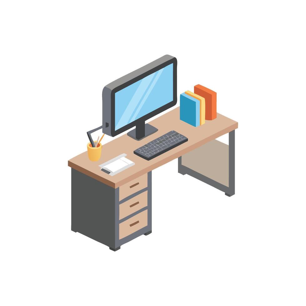 Isometric desk illustration with computer books and office supplies vector