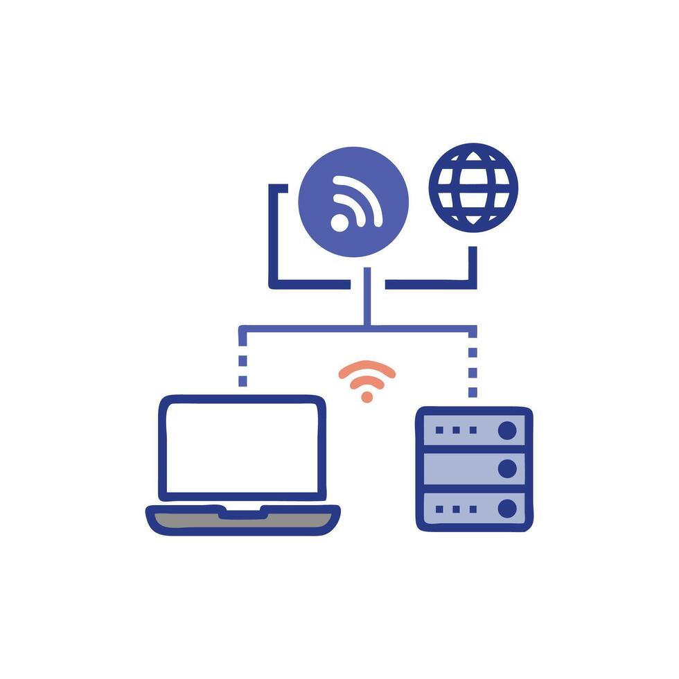 Simplified network diagram showing server computer and global connectivity vector