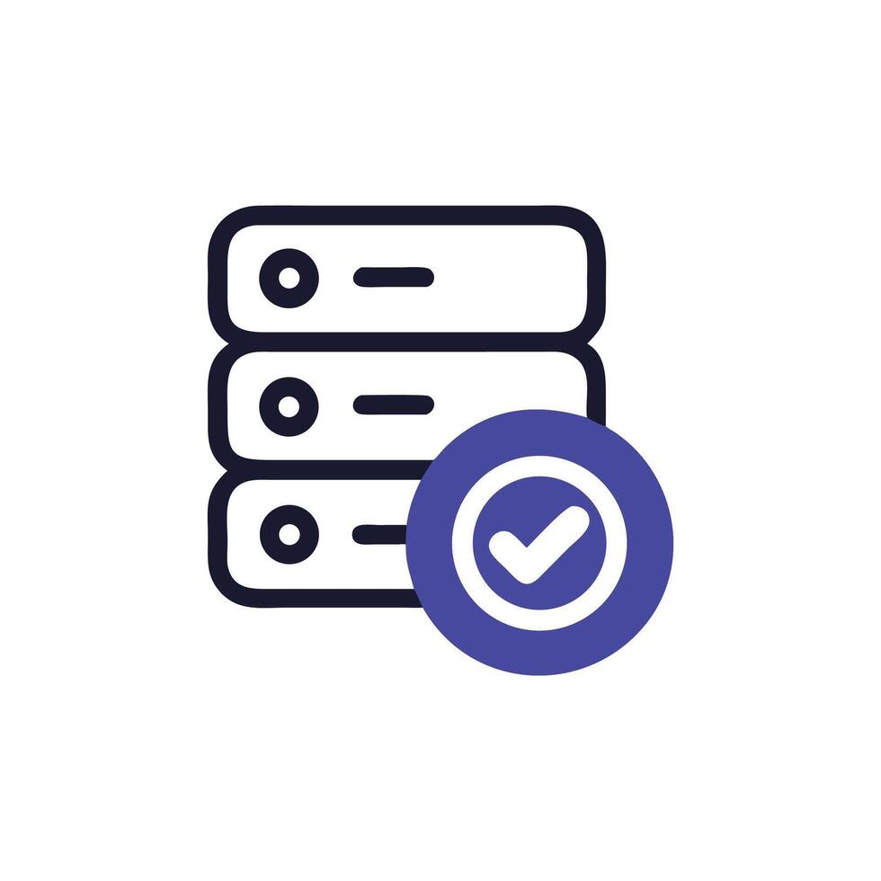Server and check mark representing data integrity verification process vector