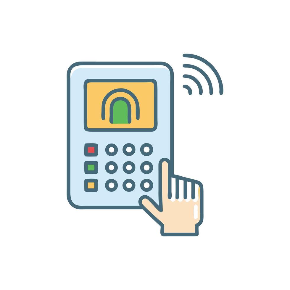 Digital biometric security device with hand authentication icon flat vector