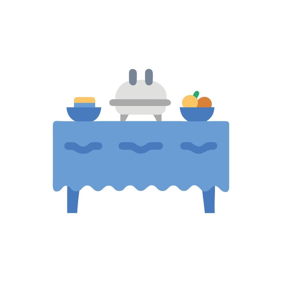 Stylized Catering Table Featuring Dishes and Fruit Bowls vector