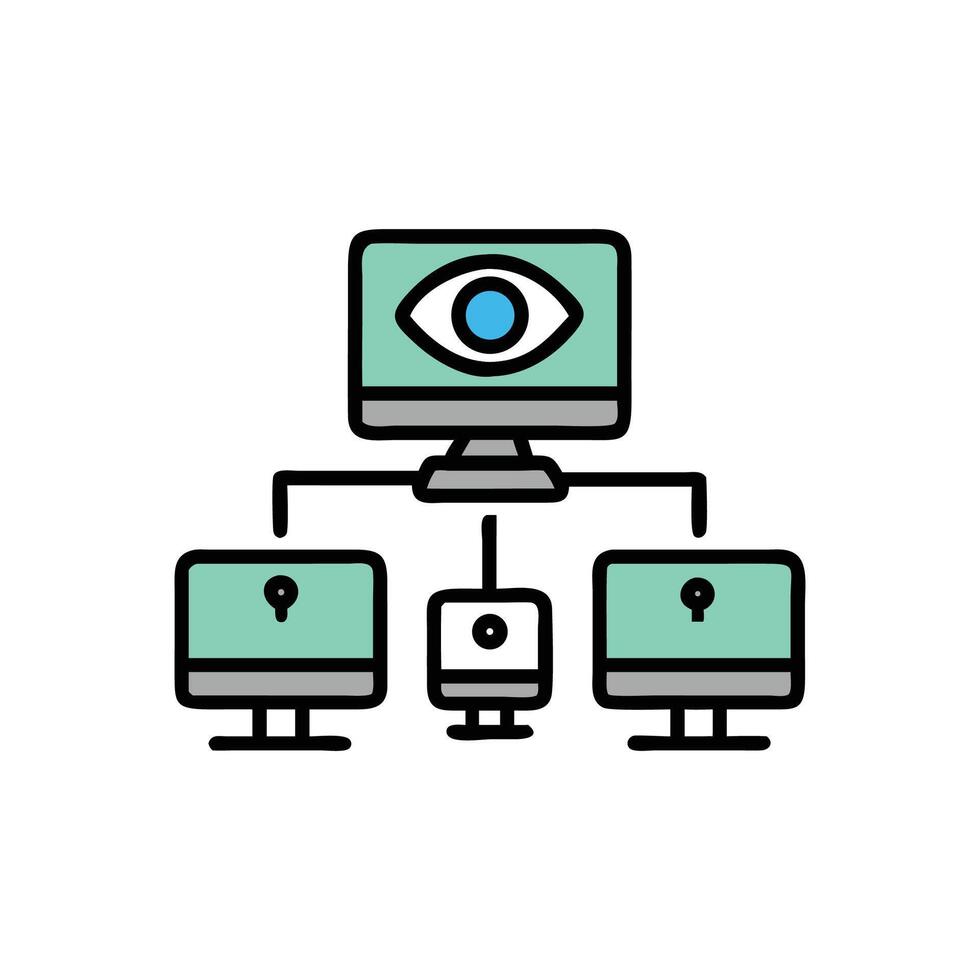 Network surveillance system with computers and a watchful eye vector