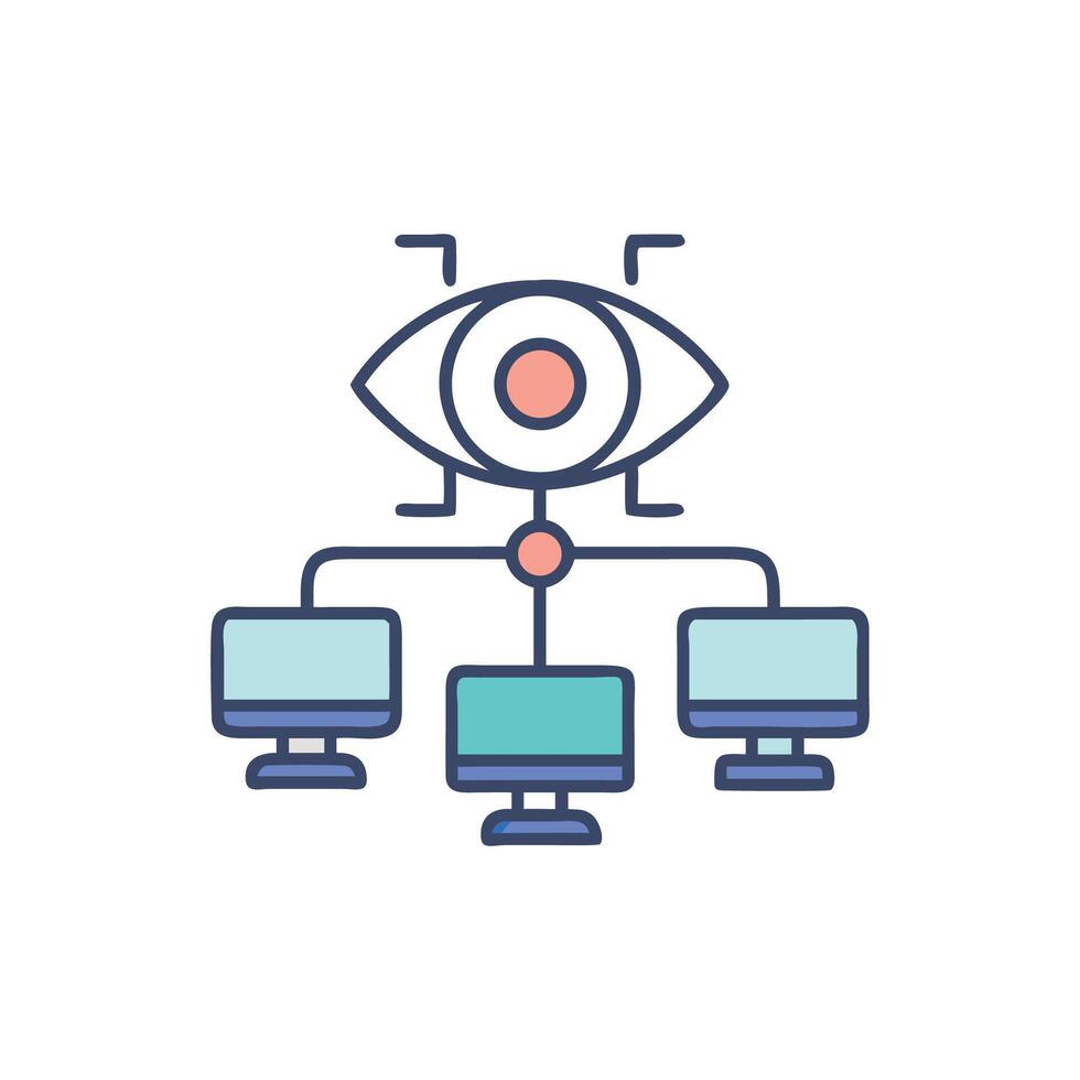 Surveillance system connecting to network of computers, line drawing vector