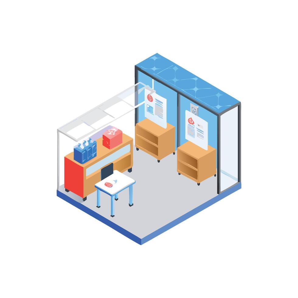 Isometric illustration of medical exhibition kiosk with product display vector
