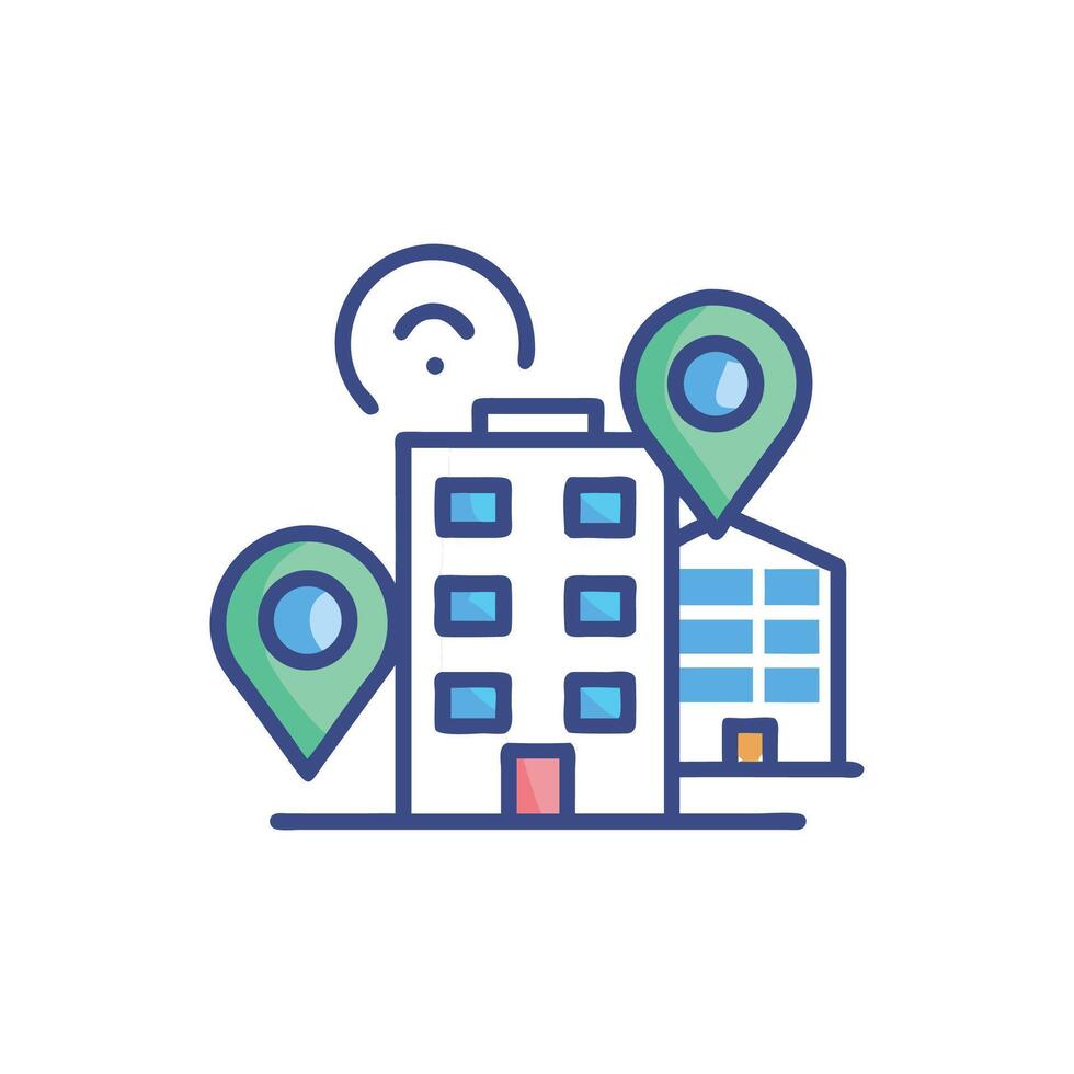 Office locations icon with buildings and map pointers vector