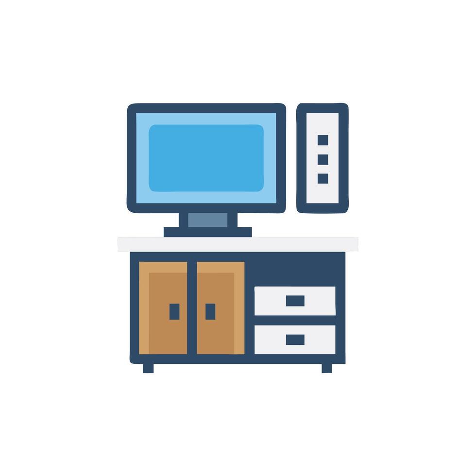 Cartoon computer on a blue table with drawers vector