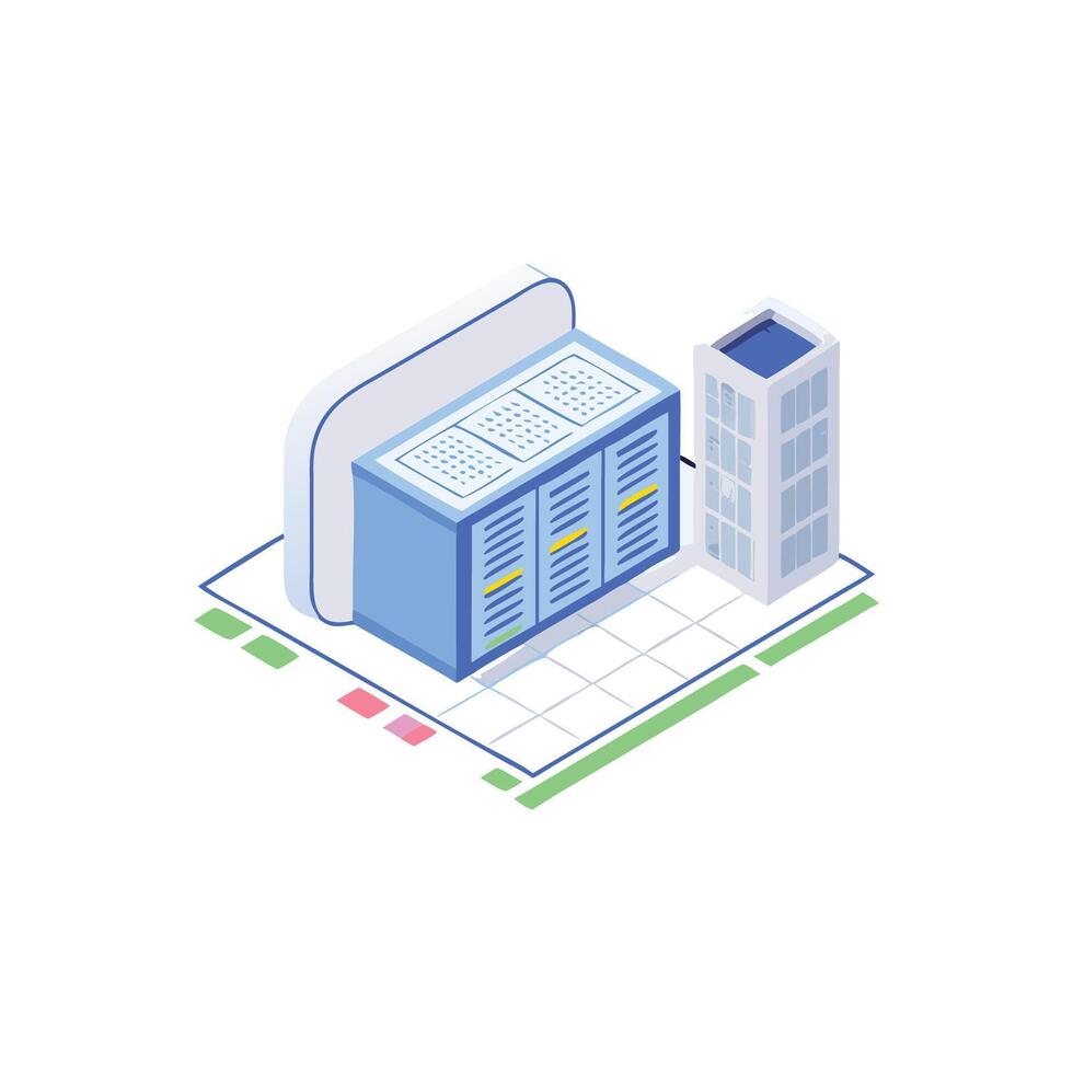 Isometric illustration of data center servers and digital infrastructure vector