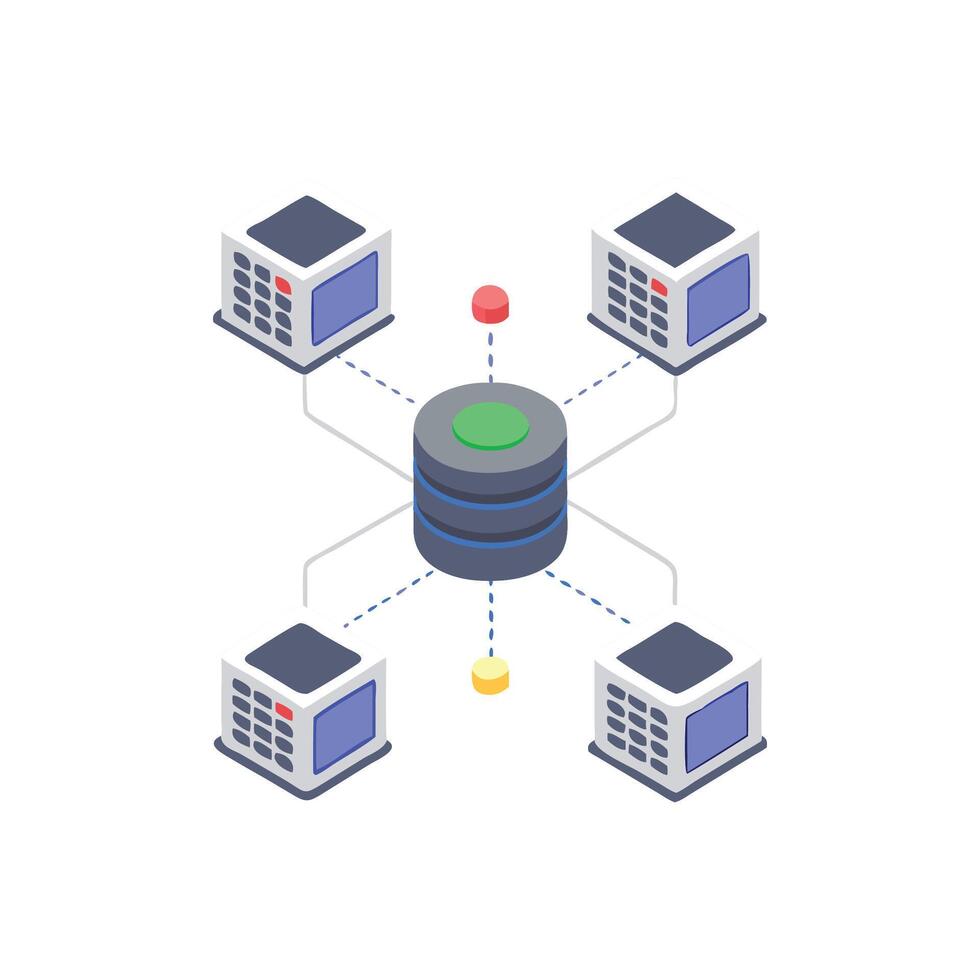 Isometric database network connecting servers on a White Background vector