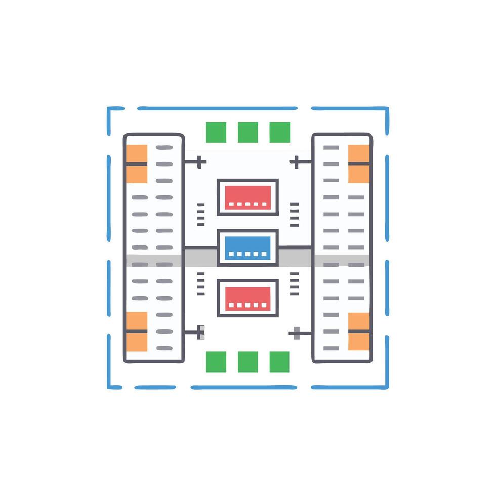Abstract office building complex with connected network infrastructure diagram vector