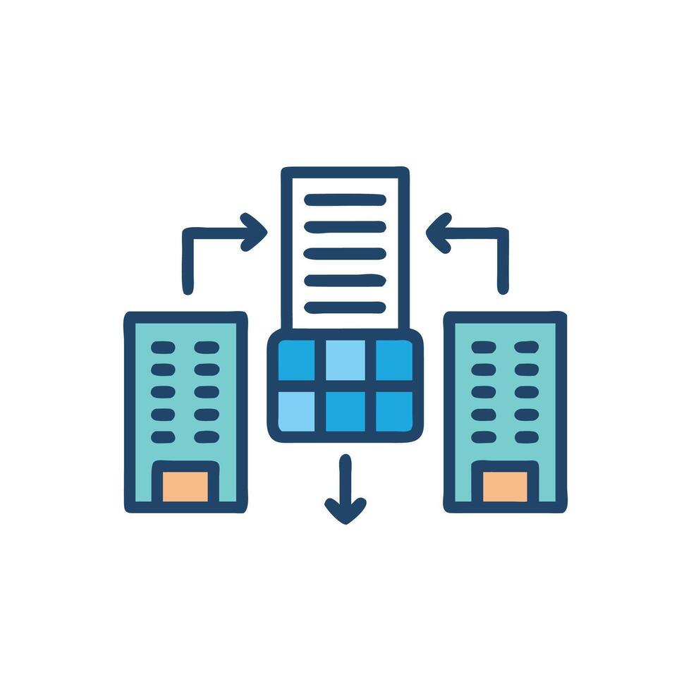 Corporate document processing between buildings connection and flow vector