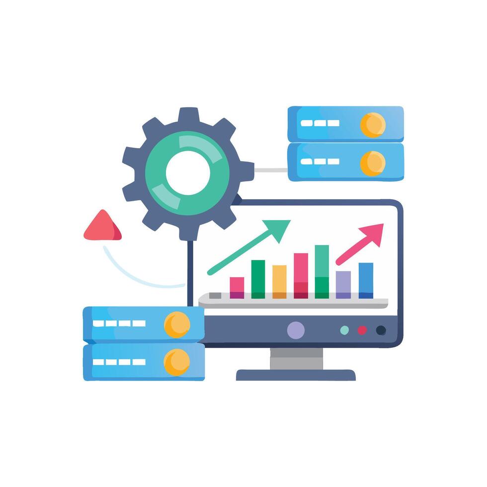 Data processing servers with increasing chart on computer screen vector