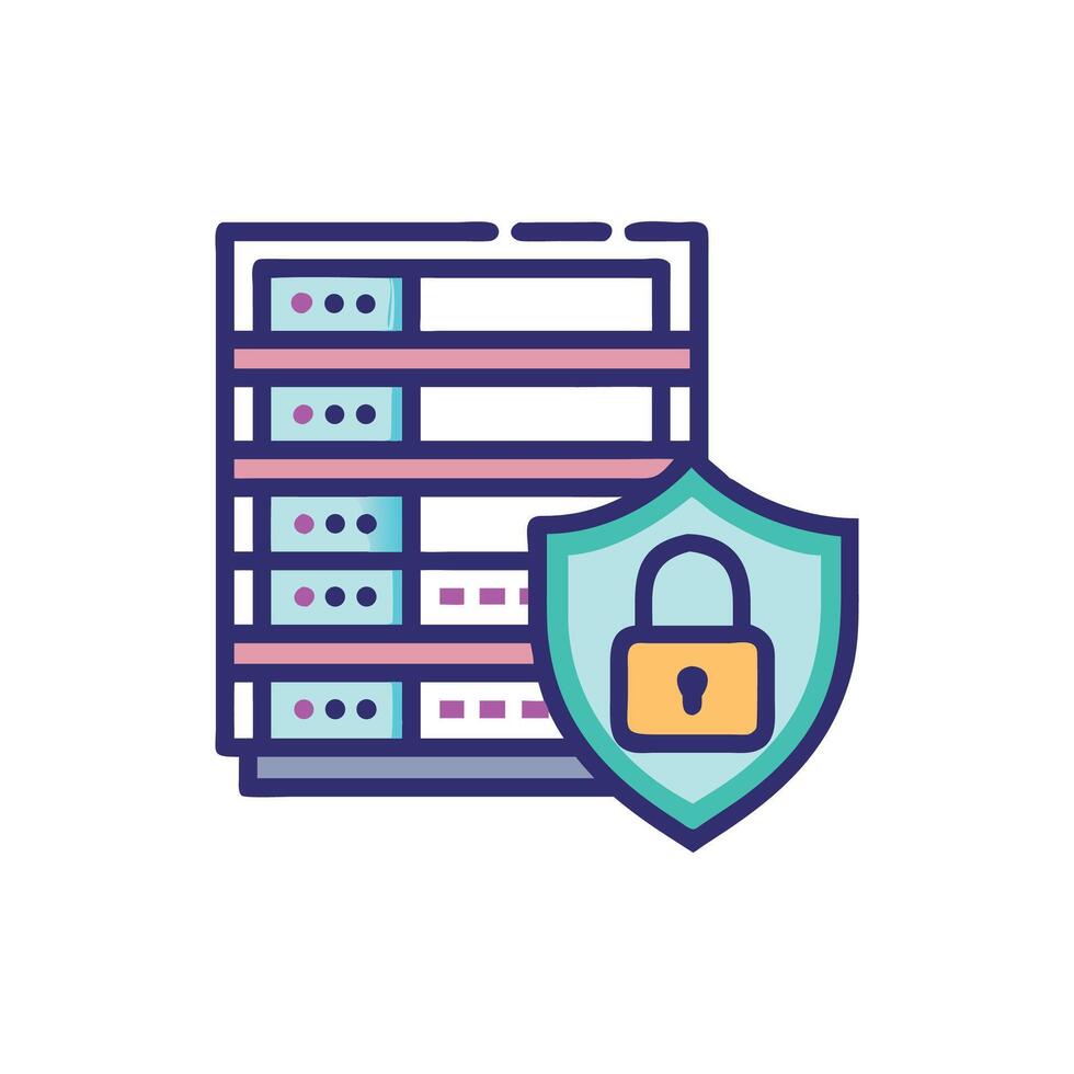 Stylized server data security illustration with network protection shield vector