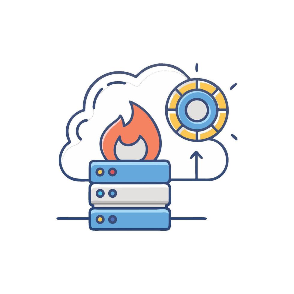 Cloud server on fire with data upload icon vector