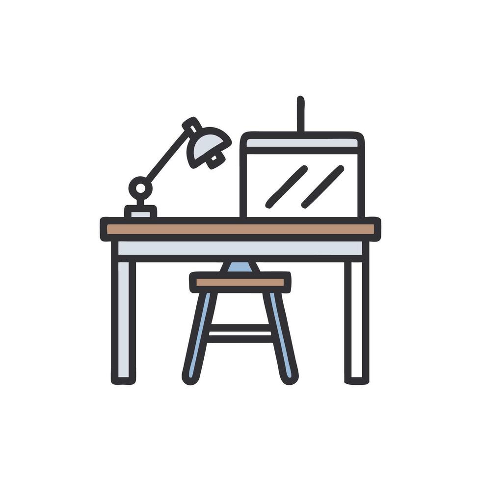 Stylized workstation with desk lamp and monitor display art vector