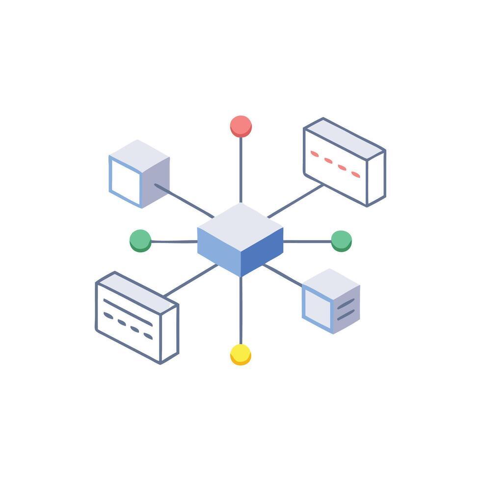 Isometric network connecting cubes and circles on White Background vector
