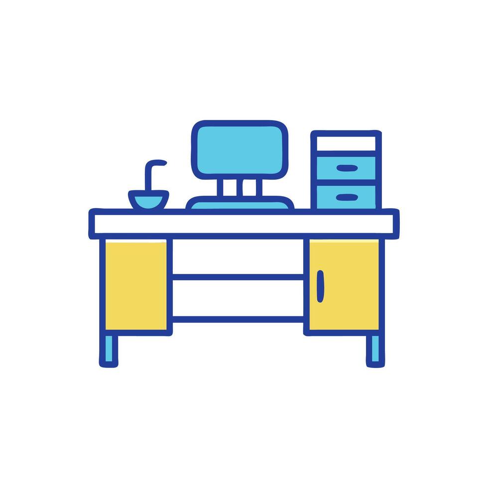 Stylized cartoon desk featuring computer and storage system vector