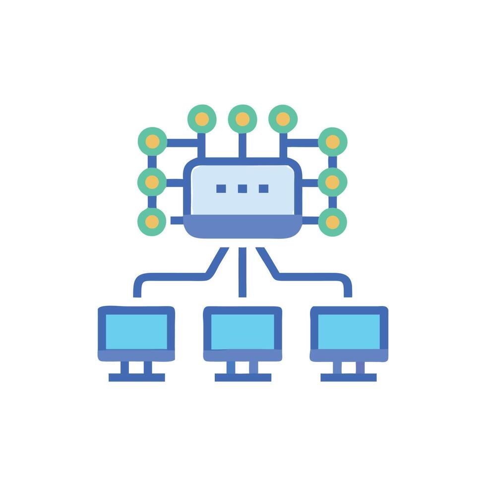 Schematic diagram illustrating network connection between multiple devices vector