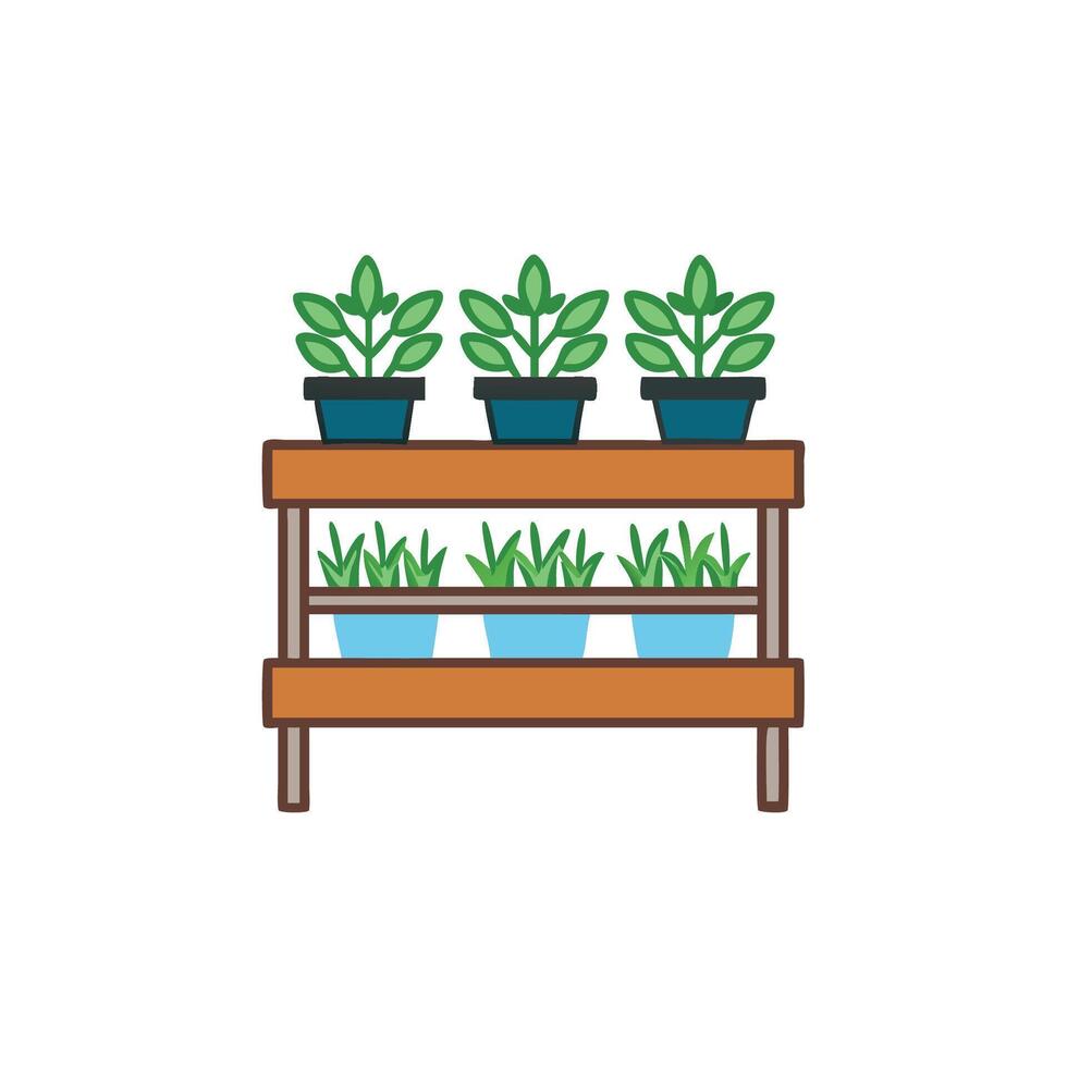 Two tier wooden stand with plants in pots vector