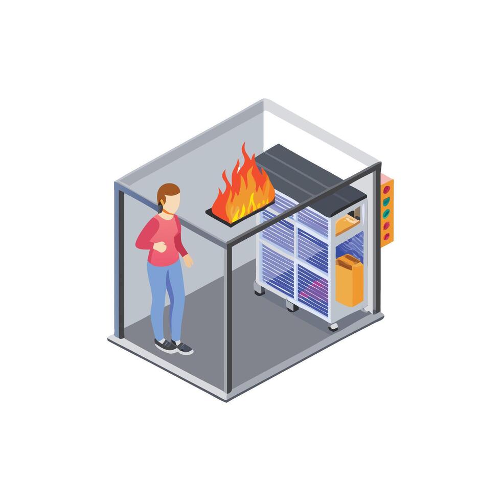 Isometric illustration of fire safety in enclosed space setting vector