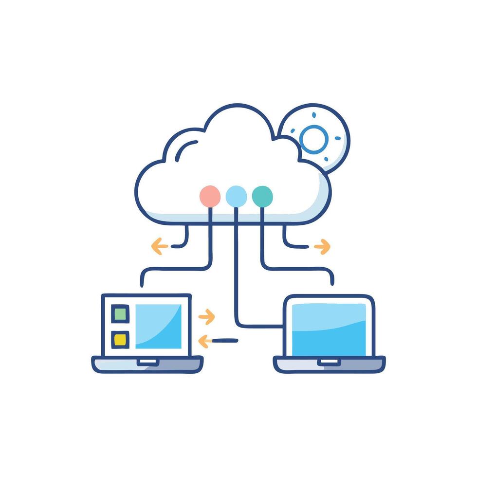 Connected network with cloud server and computers data flow vector