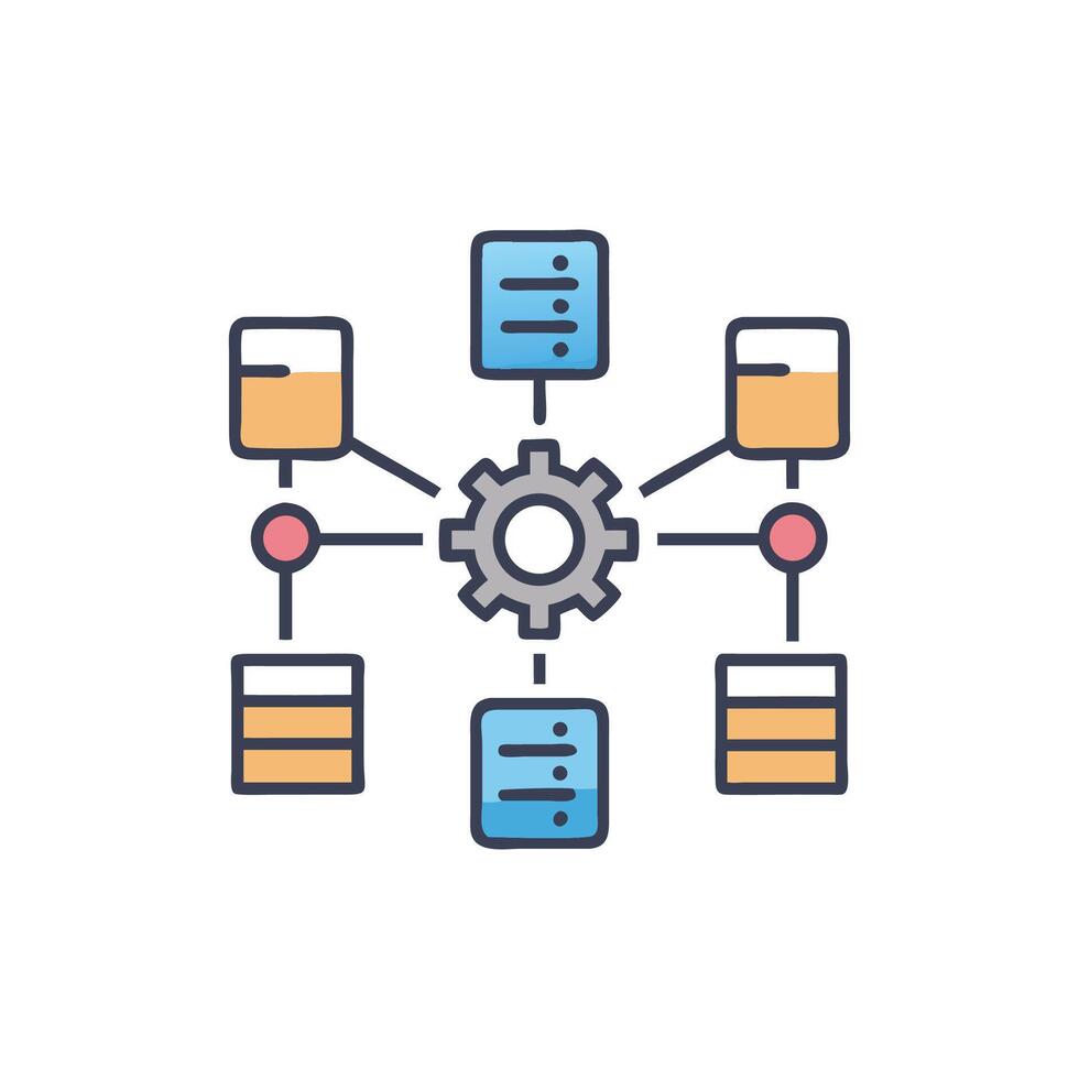Decentralized system with data server connections in flat design vector