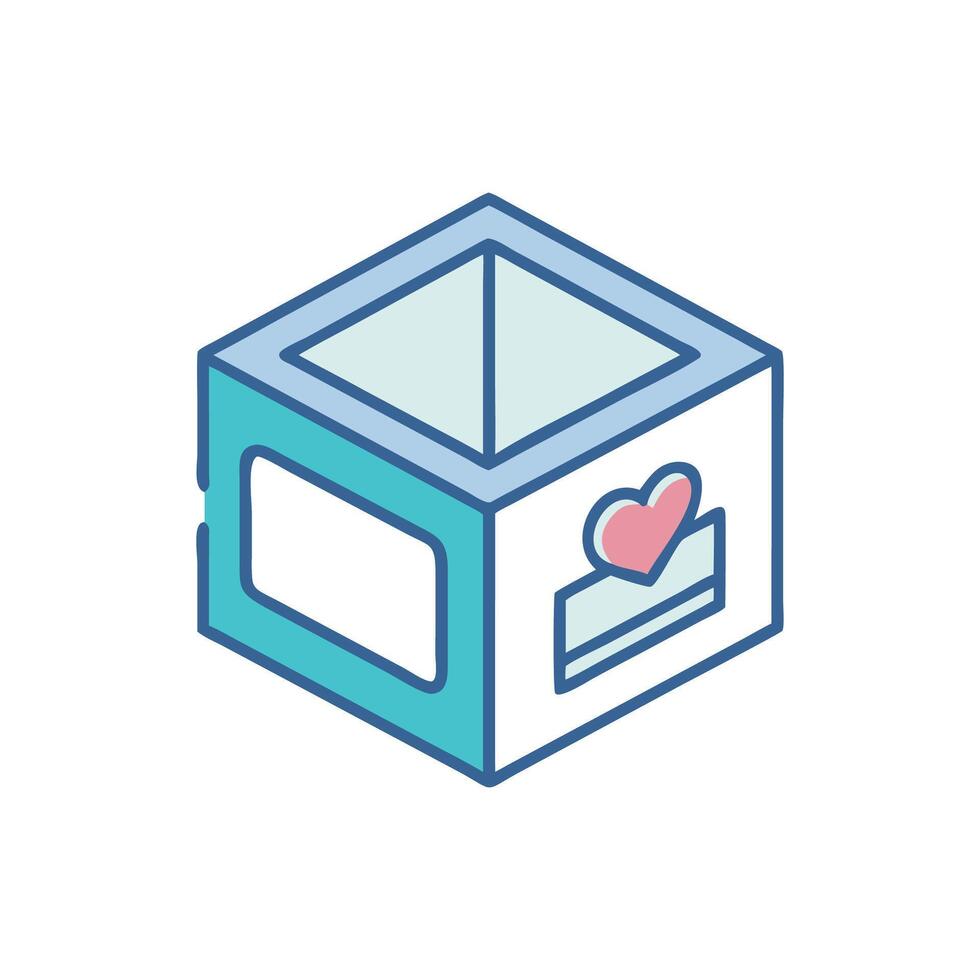 Isometric illustration of open box with heart sticker detail vector
