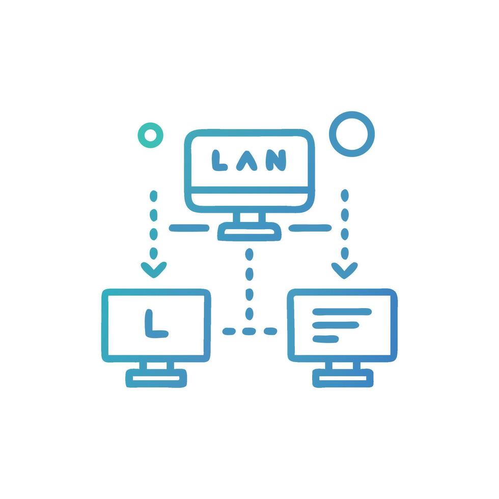 Network communication between computers diagram shows LAN connection vector