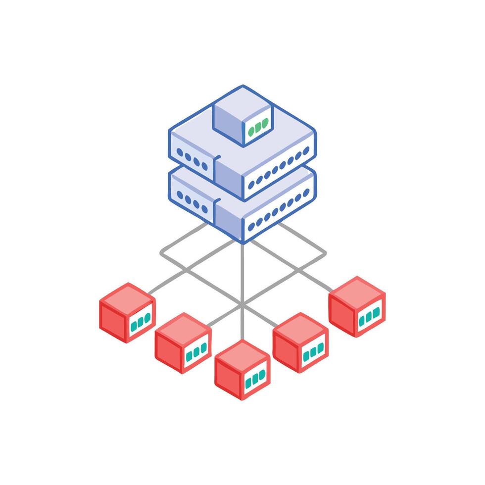 Isometric illustration of connected network with server and nodes vector