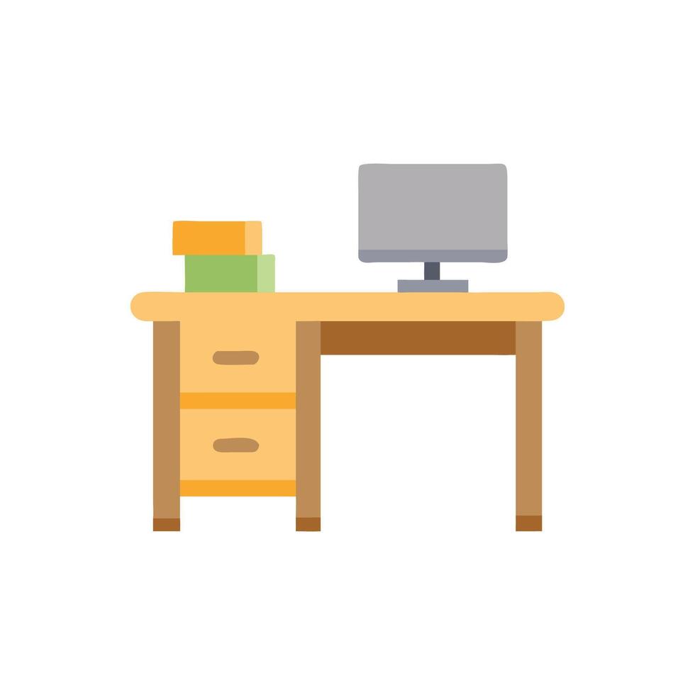 Stylized office desk with computer monitor and books graphic vector